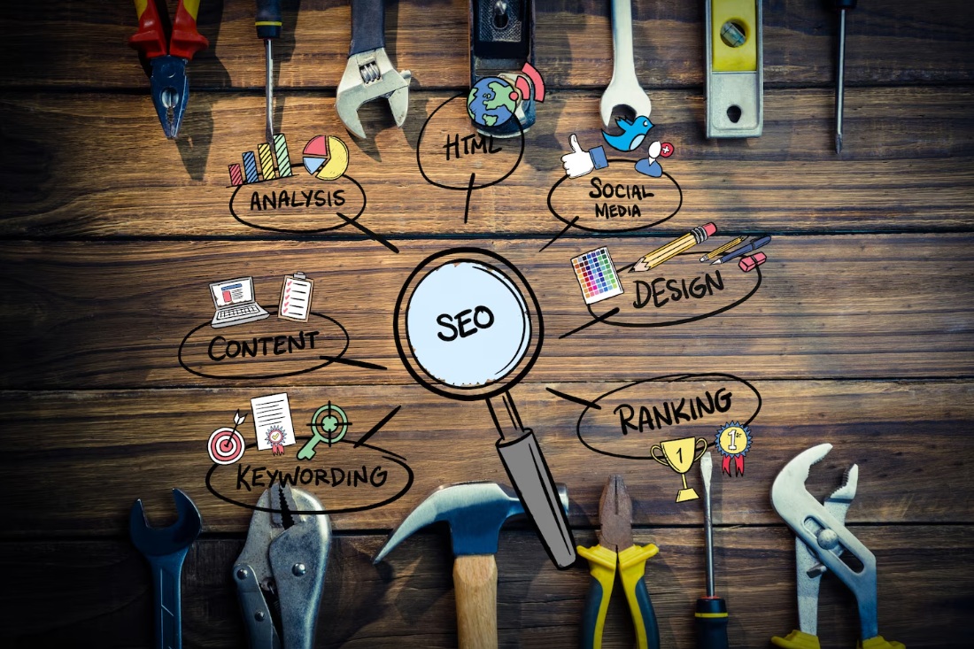 Top view concept of SEO tools