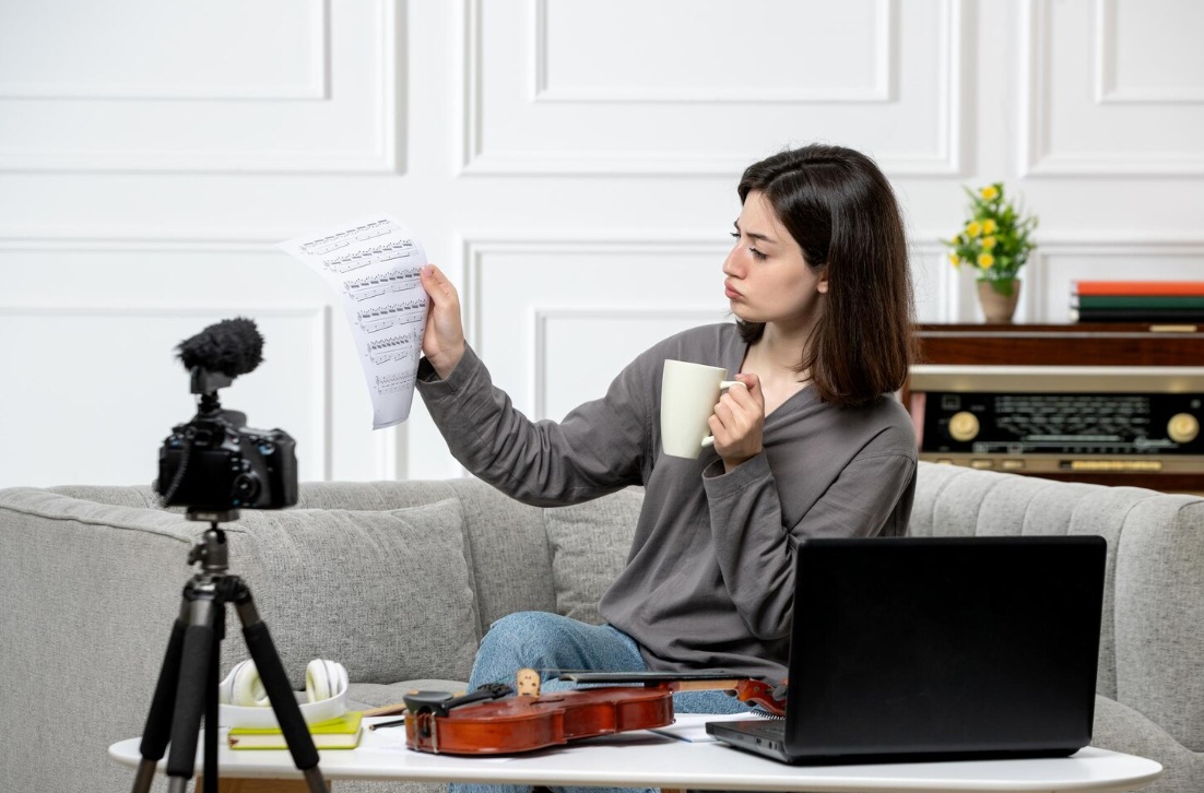 8 Steps to Build a Video Marketing Strategy (+ 6 Extra Tips) 7 Young lady recording herself when looking at a violon partition