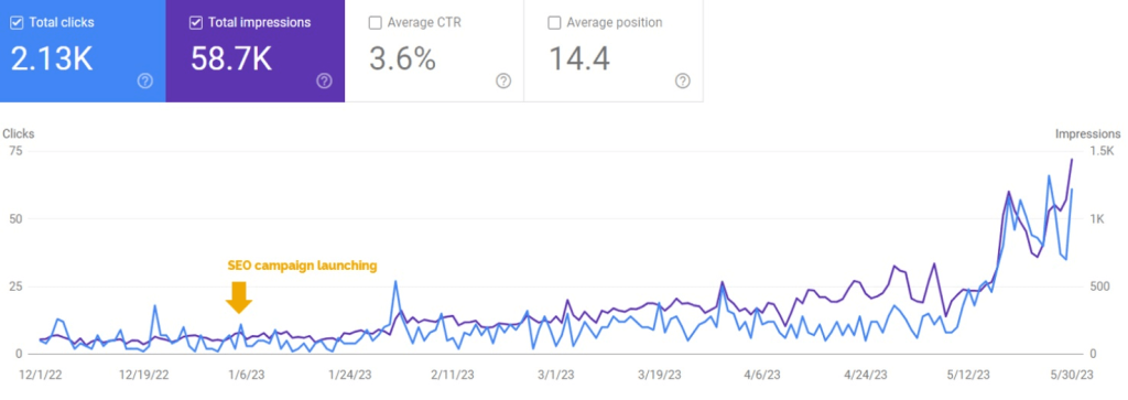 Google Search Console organic performance report of a leading B2C e-commerce cosmetic brand in Vietnam