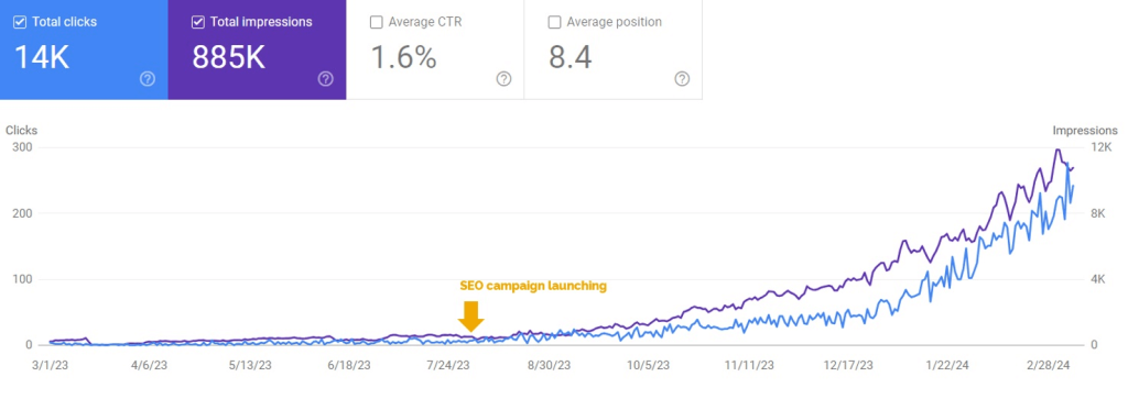 Google Search Console organic performance report of a leading e-commerce B2C retail brand in the USA