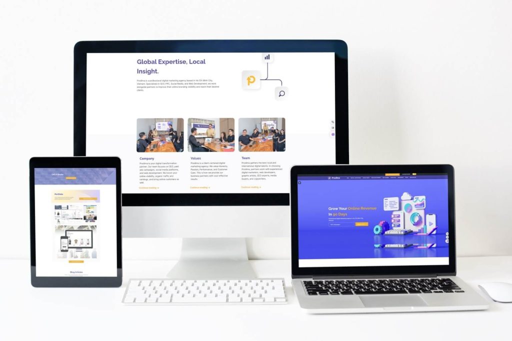 Prodima website displayed on various screens