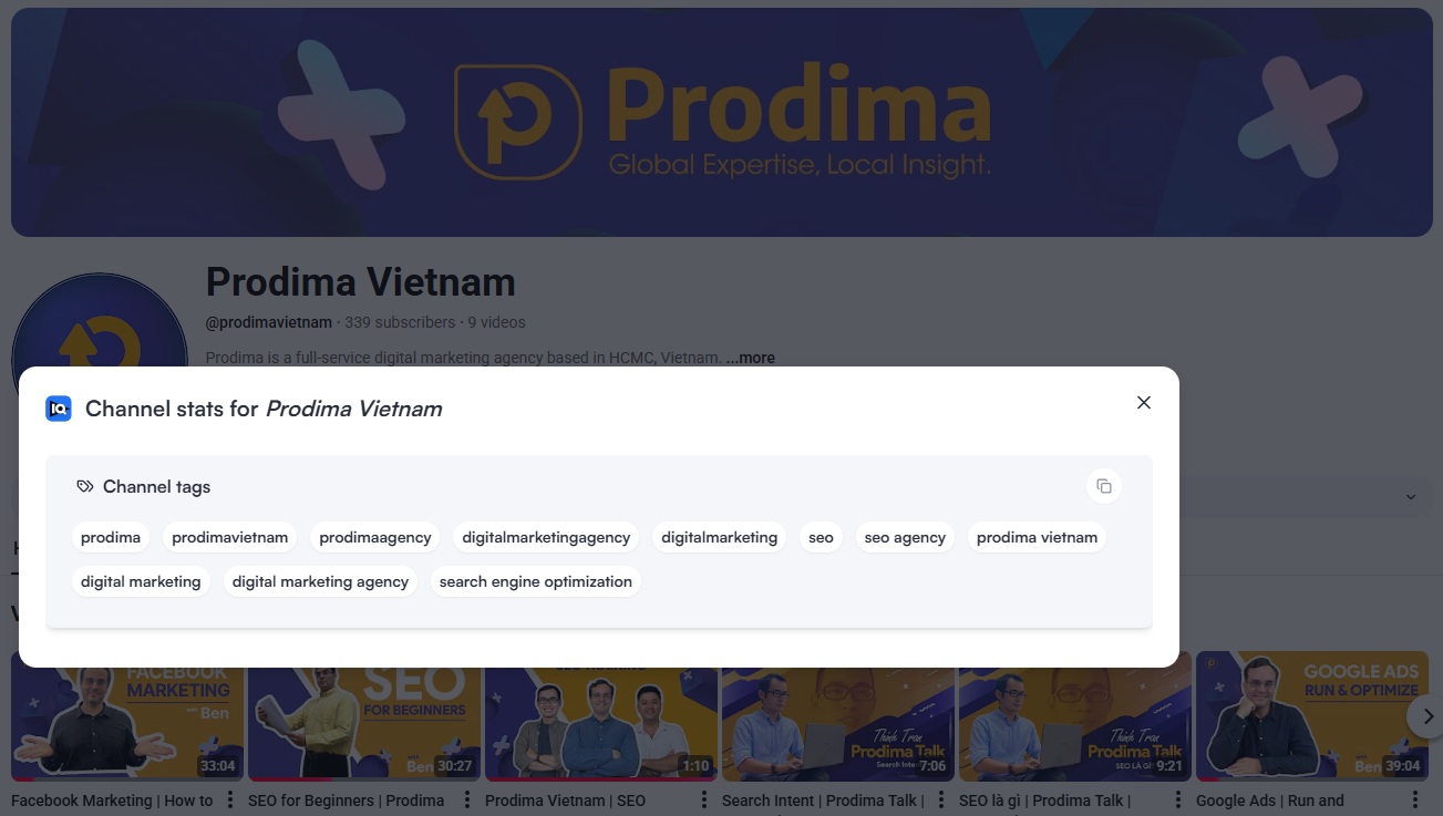 Video SEO (vSEO) 5 Prodima Vietnam YouTube channel tags