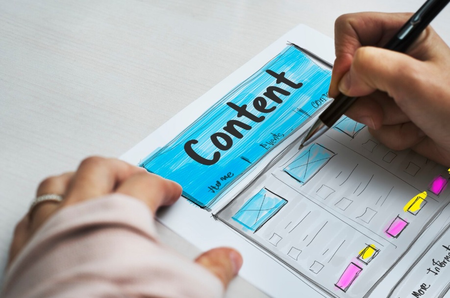 Product design wireframe with content