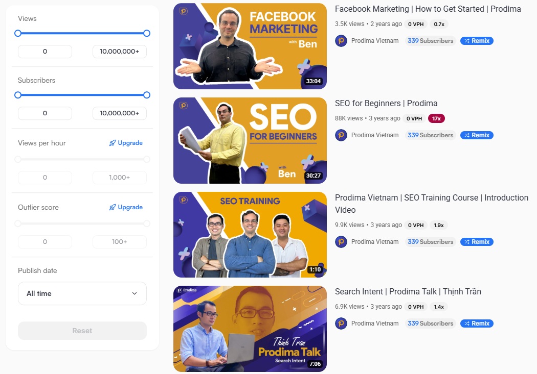Video SEO (vSEO) 2 Screenshot of Prodima Vietnam YouTube SEO channel