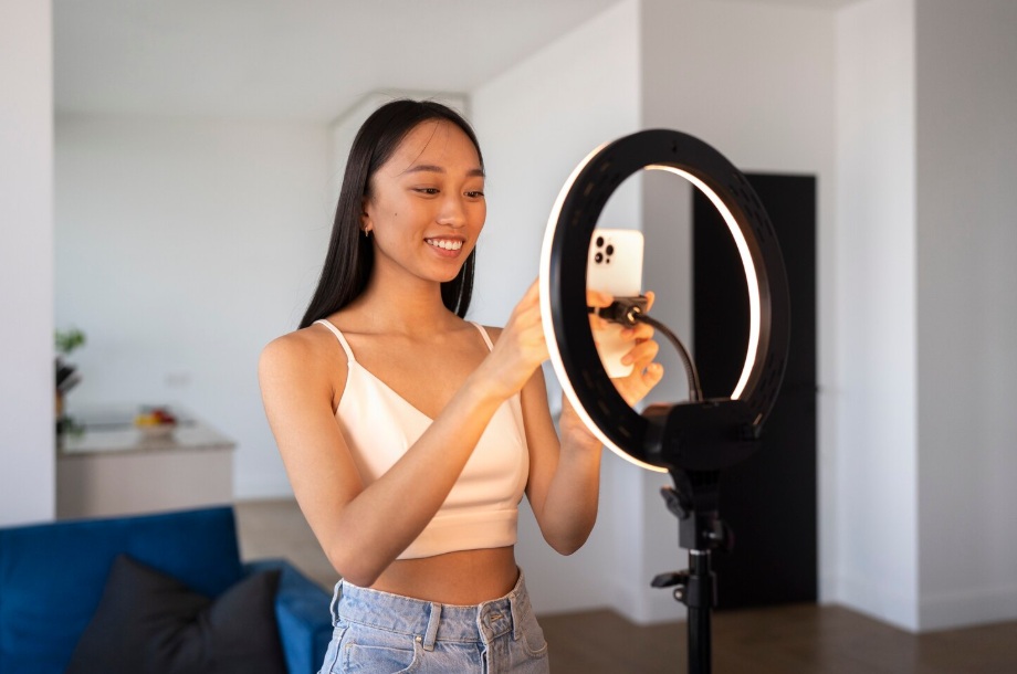 Young Asian woman recording a TikTok video